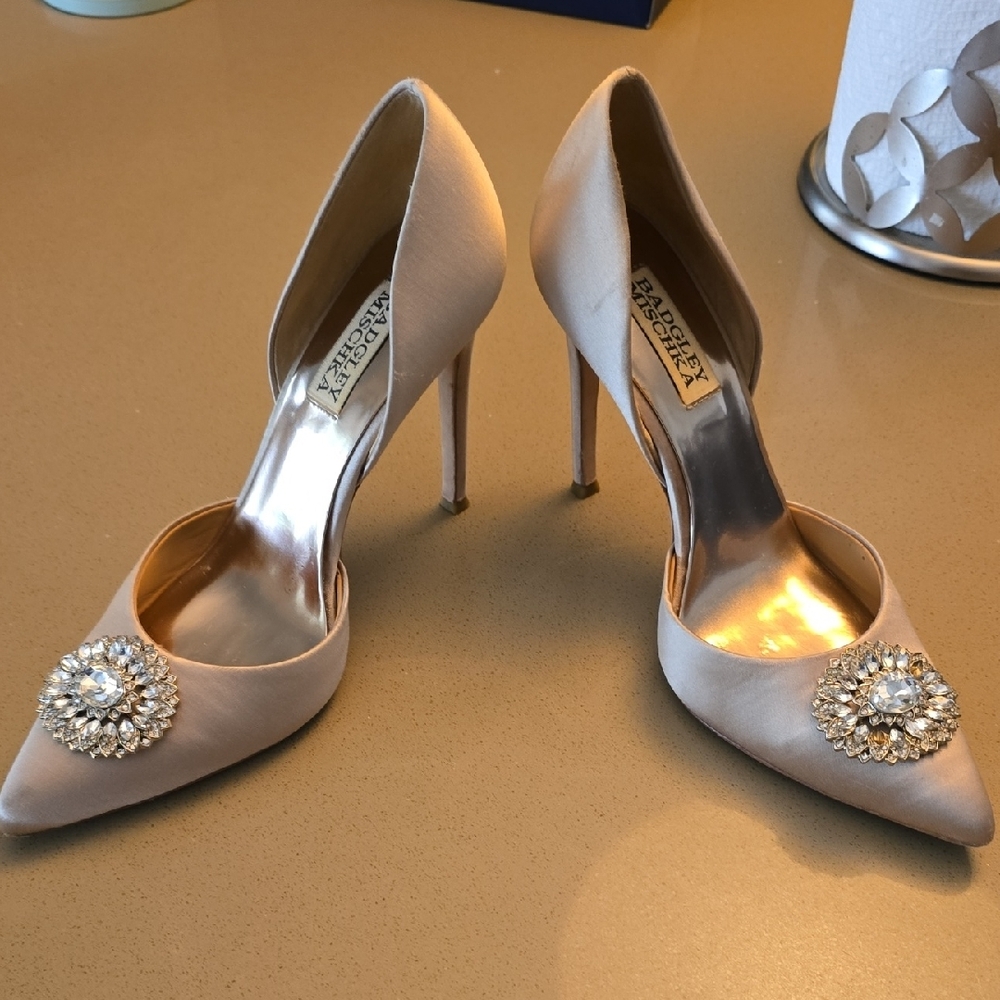 Badgley Mischka Cream Stiletto Heels with Rhinestone Detail